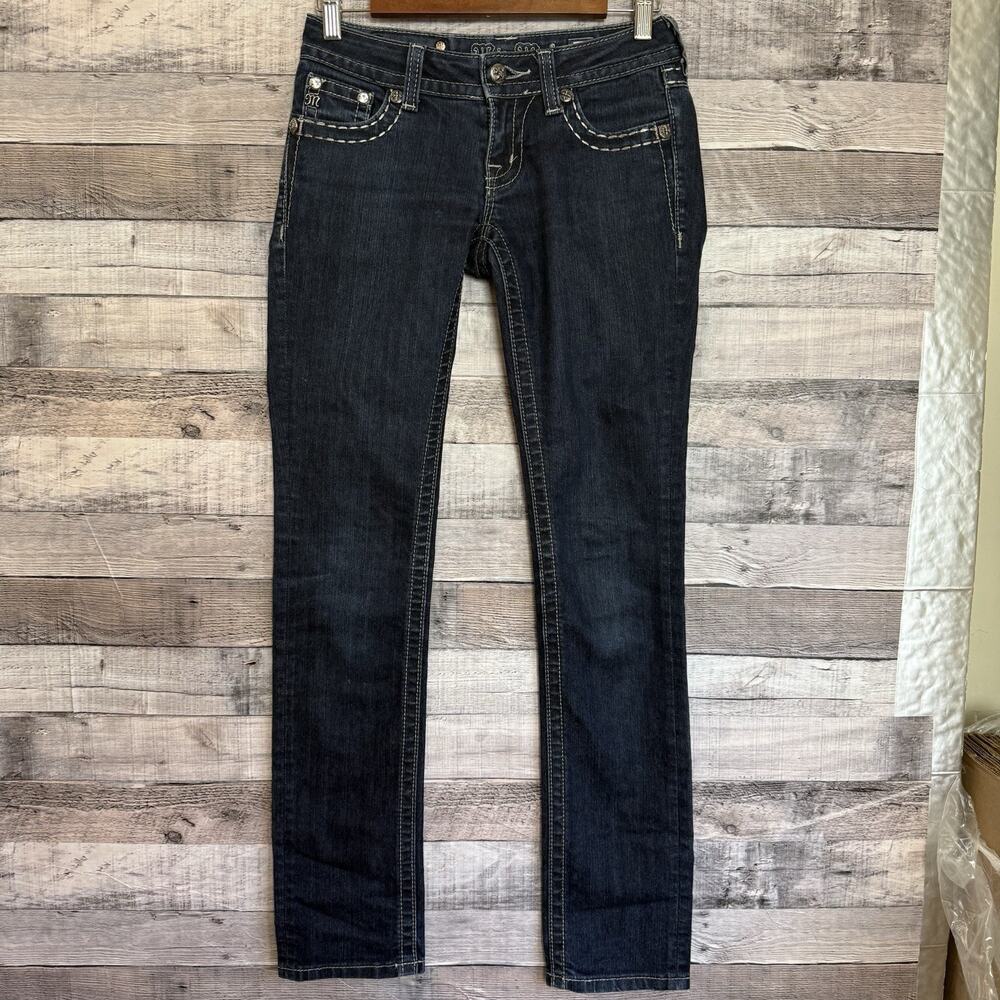 Miss Me Women's Dark Wash Low Rise Size 25 Straight Cut Flap Pocket Jeans Bling - Picture 2 of 13